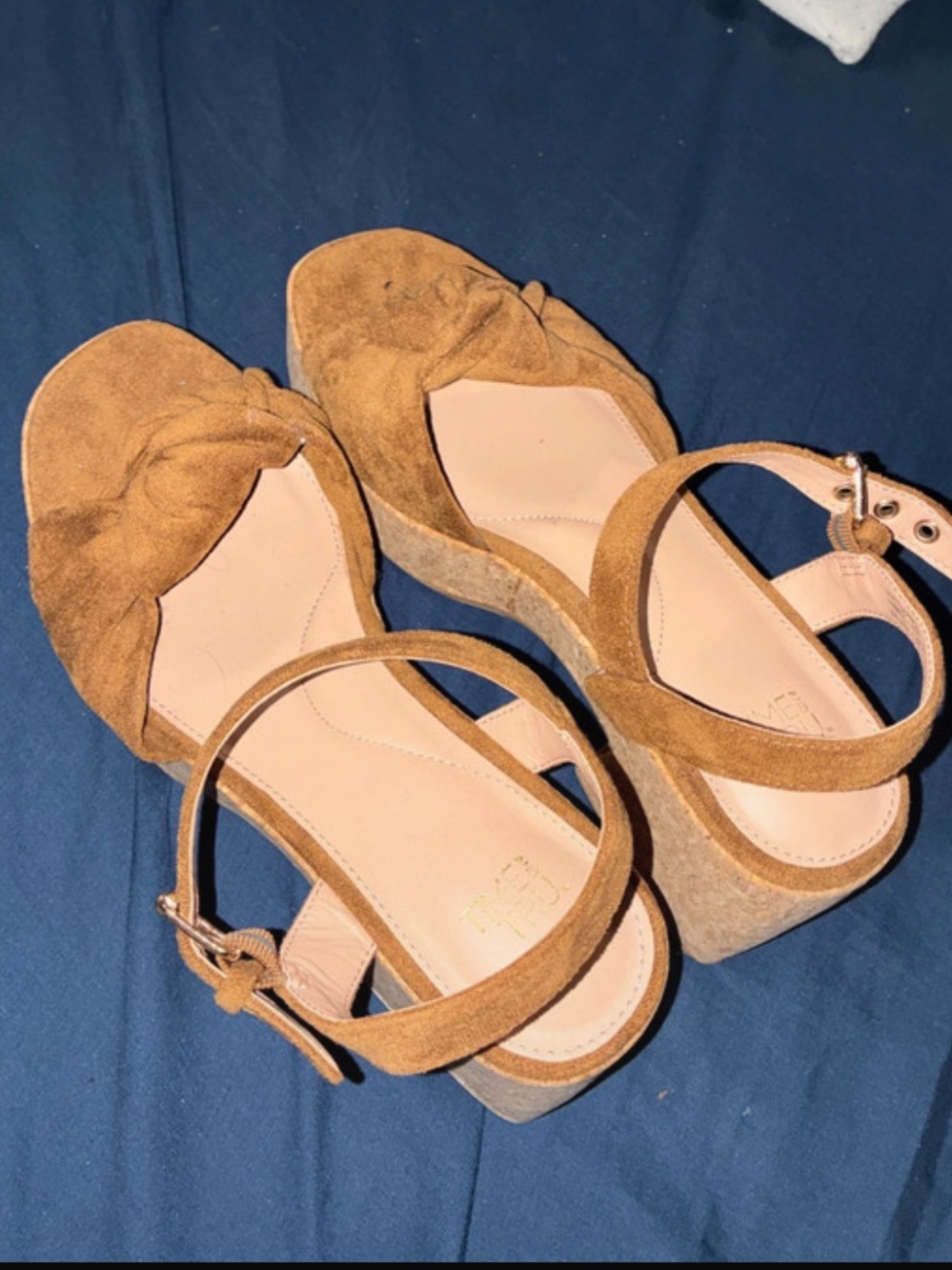 Time and Tru Tan Suede Ankle-Strap Platform Wedges